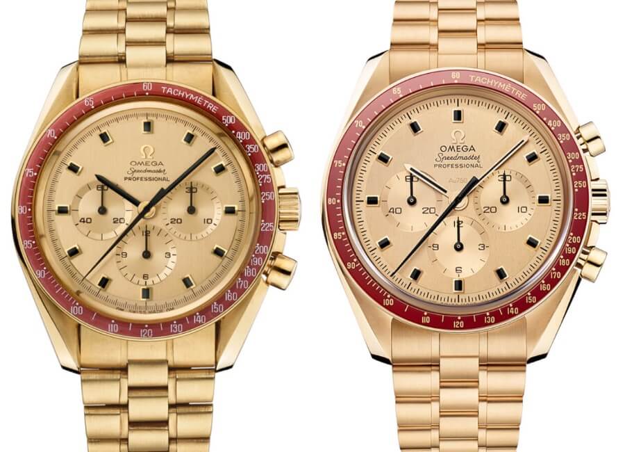 Vintage Omega Speedmaster BA145.022 on the left - The New Omega Speedmaster BA145.022 on the right 