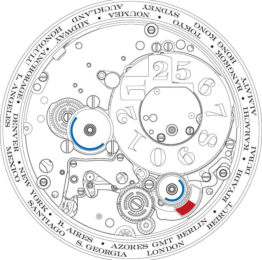 Technical drawing of the front view of the manufacture calibre L141.1 which drives the LANGE 1 TIME ZONE