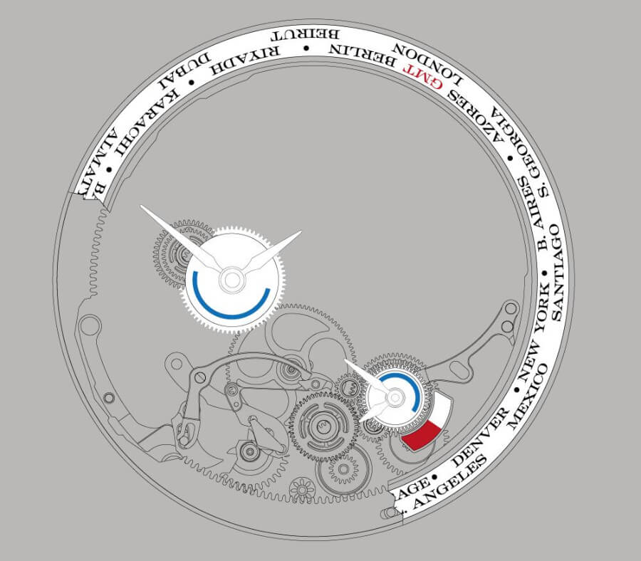 Technical drawing of the time-zone mechanism of the manufacture calibre L141.1 which drives the LANGE 1 TIME ZONE