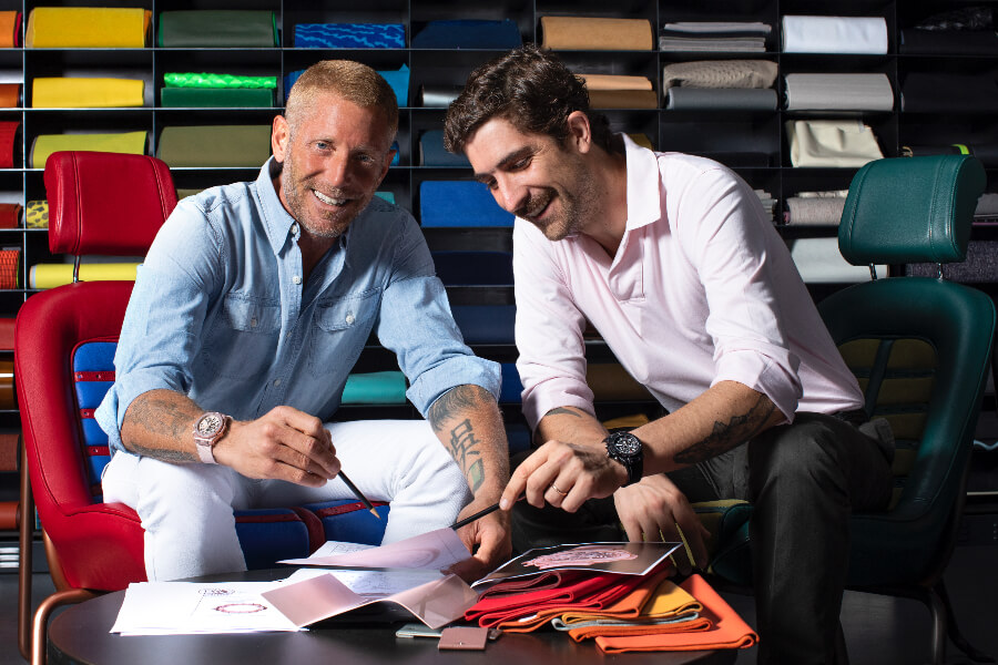 Lapo Elkann and Carlo Borromeo working on the Hublot Big Bang Millennial Pink