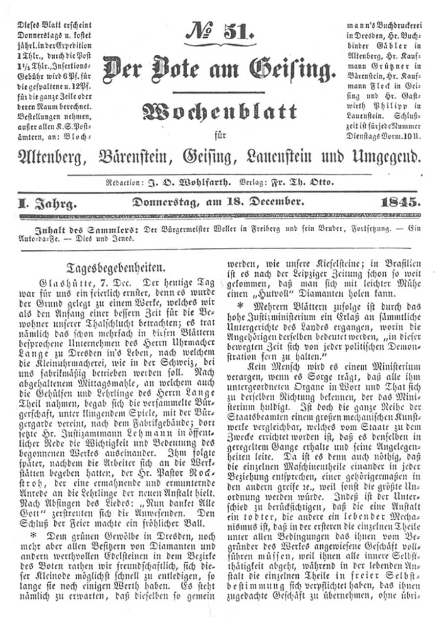 Historic press article of 1845 about the foundation of the Glashutte watch industry