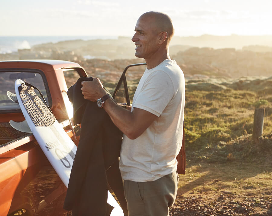 Breitling surfers squad member Kelly Slater wearing the Superocean Heritage 57 Outerknown